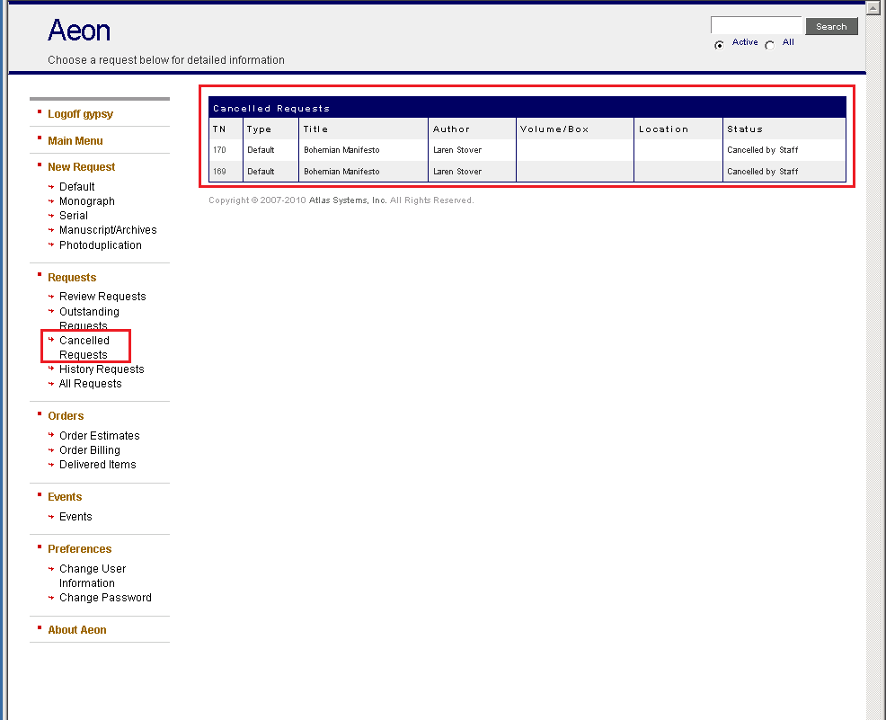 Click Canceled Requests Link